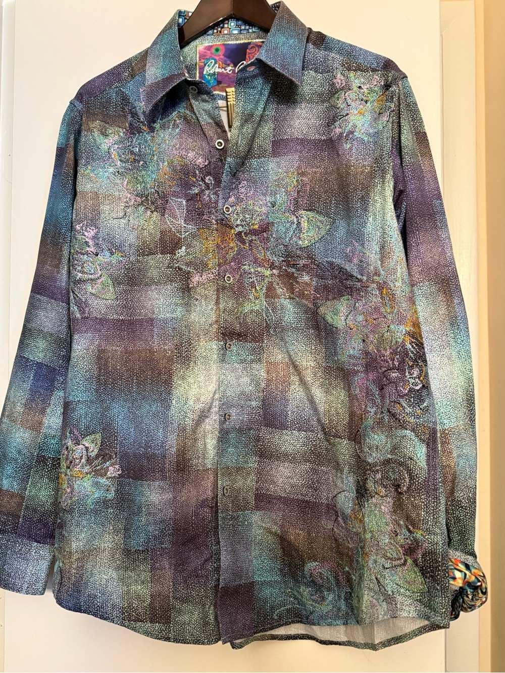 Robert Graham Moola Bay Shirt Mens LG Teal Pointillist Abstract Embroidered L/S